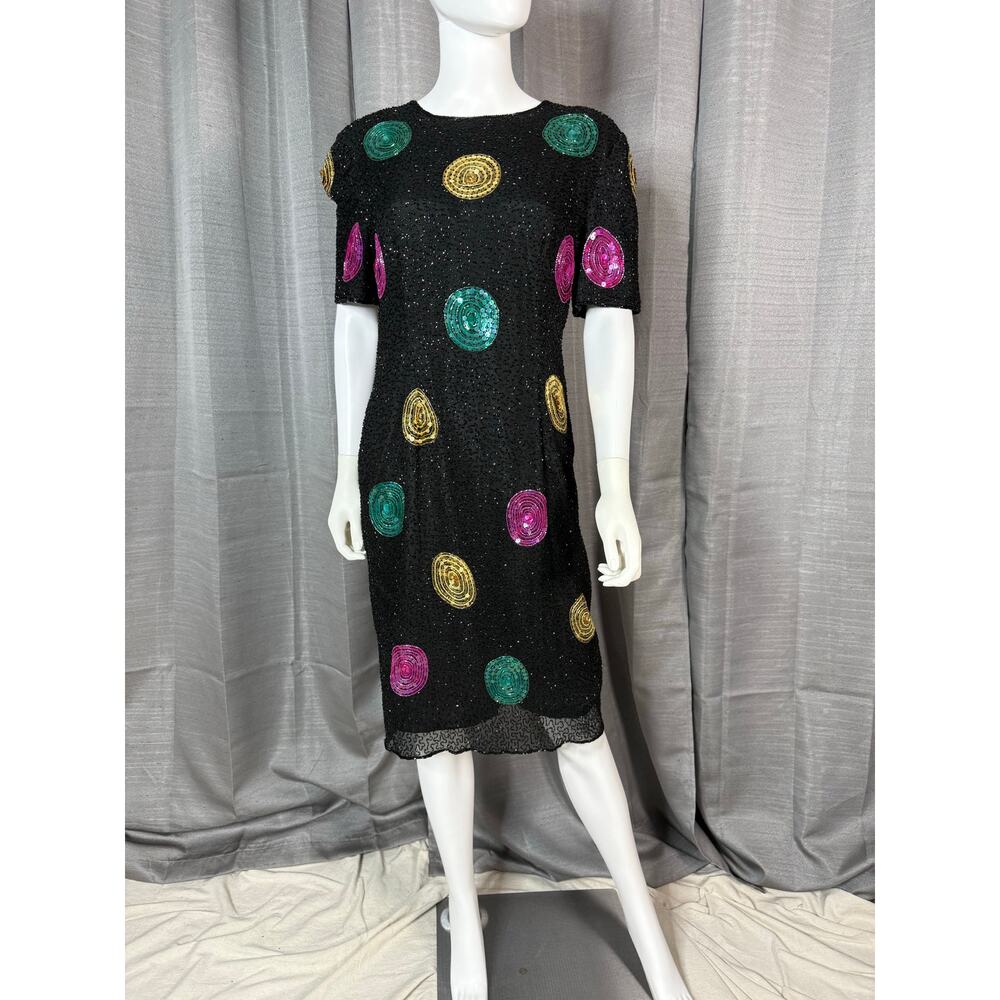 Vintage Leslie Fay Beaded Black/Multi Colored Polka Dot Cocktail Dress Sz M